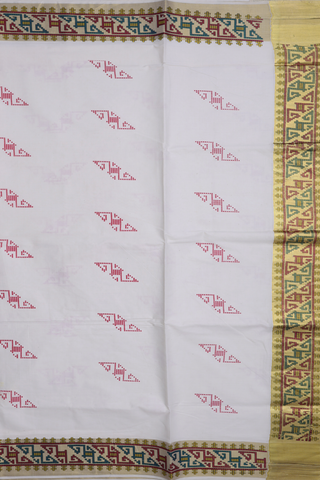 Kerala Cotton Saree In Egg White With Allover Printed Motifs