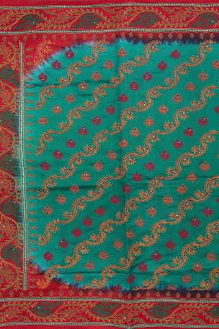 Raw Silk Saree In Teal Green With Embroidered Design