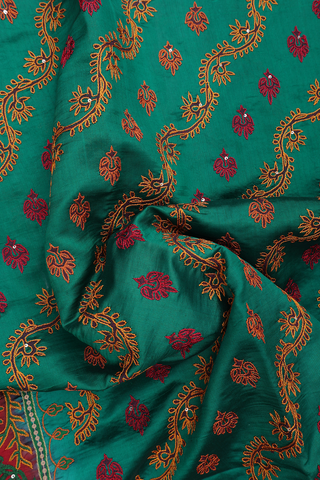 Raw Silk Saree In Teal Green With Embroidered Design