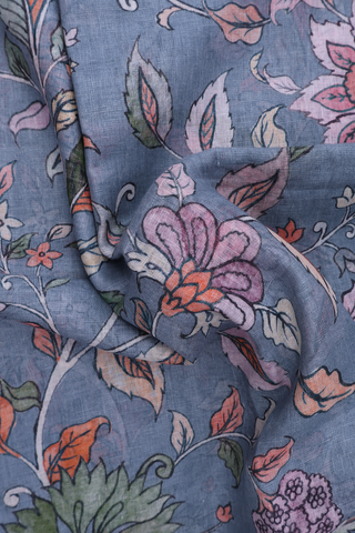 Linen Saree In Dusty Blue With Floral Printed Design