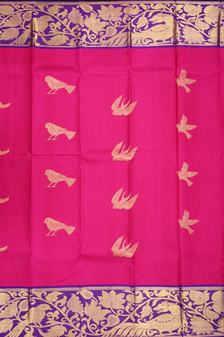 Kanchipuram Silk Saree In Magenta With Parrot Zari Motifs