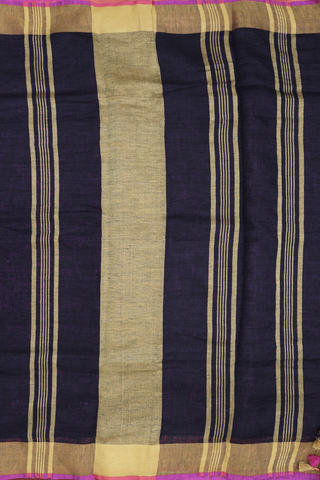 Linen Saree In Plain Midnight Blue With Zari Border