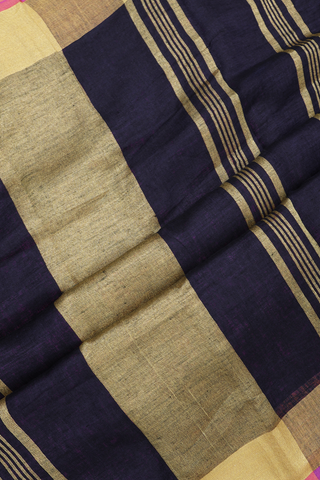 Linen Saree In Plain Midnight Blue With Zari Border