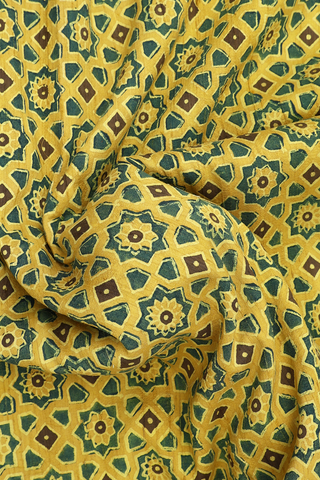 Tussar Silk Saree In Sunflower Yellow With Ajrakh Printed