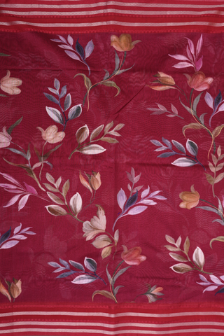 Chanderi Silk Cotton Saree In Berry Red With Floral Printed