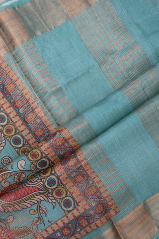 Kalamkari Design Mint Blue Tussar Silk Saree