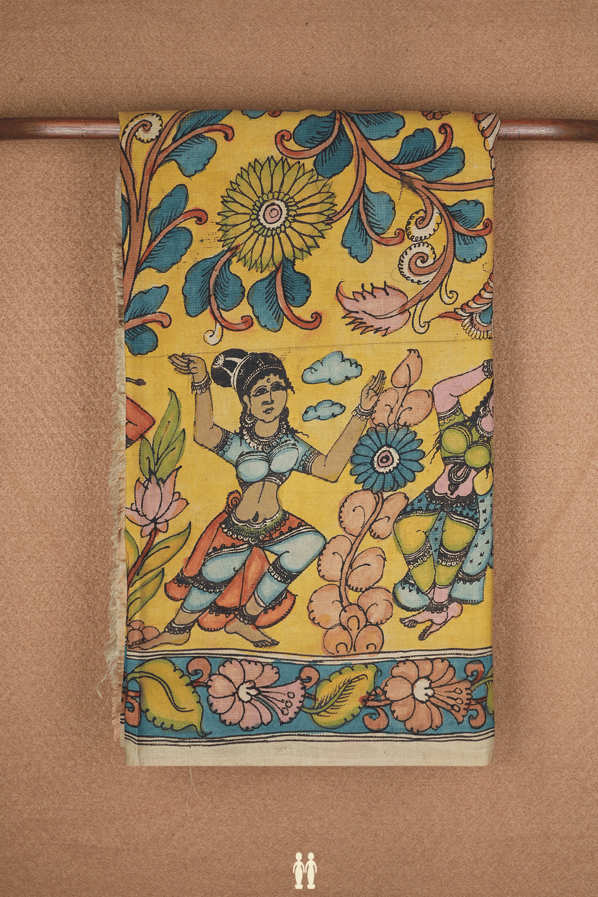 Kalamkari Hand Painted Mellow Yellow Kanchipuram Silk Saree