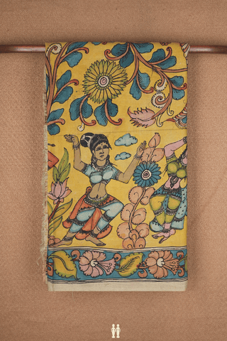 Kalamkari Hand Painted Mellow Yellow Kanchipuram Silk Saree