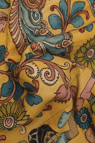 Kalamkari Hand Painted Mellow Yellow Kanchipuram Silk Saree