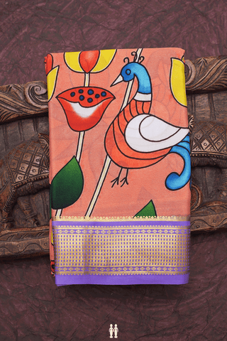 Kalamkari Printed Design Coral Orange Mysore Silk Saree