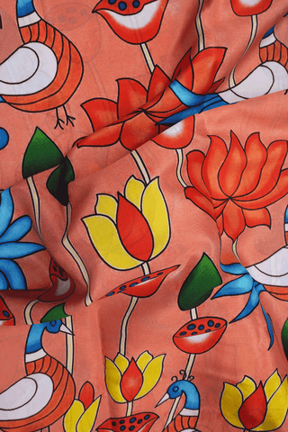 Kalamkari Printed Design Coral Orange Mysore Silk Saree