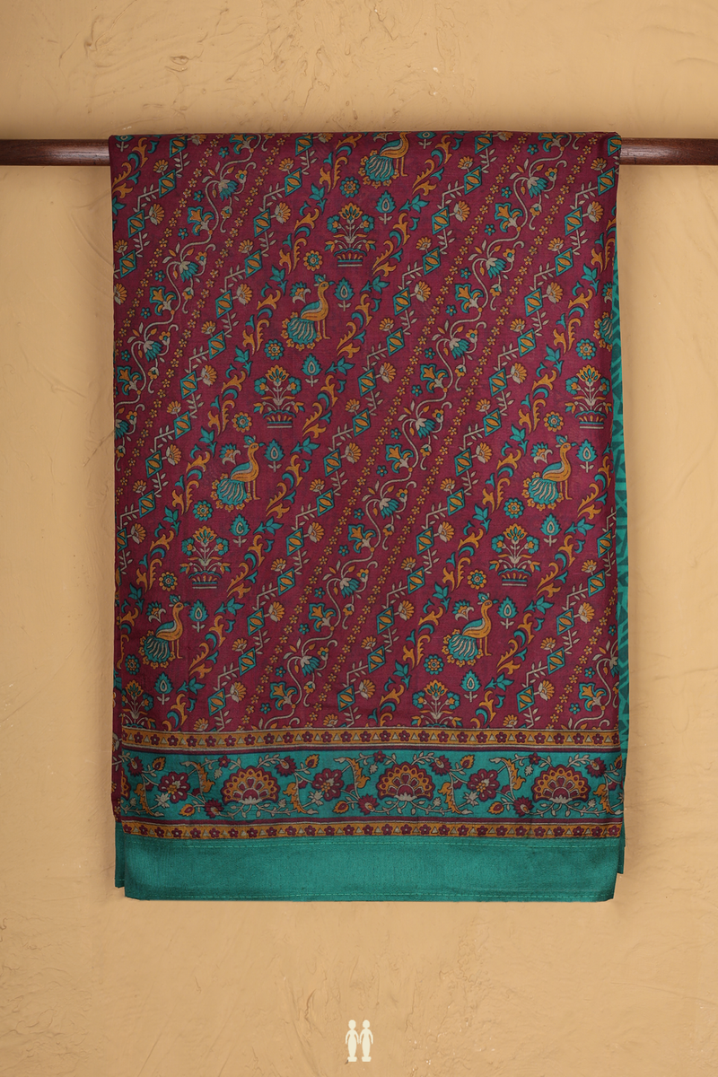 Printed Silk Saree In Berry Purple With Floral Design