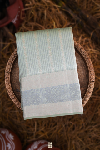 Kanchipuram Silk Saree In Dusty Green With Stripes Design