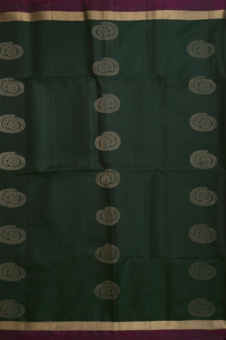 Kora Silk Cotton Saree In Bottle Green With Zari Motifs