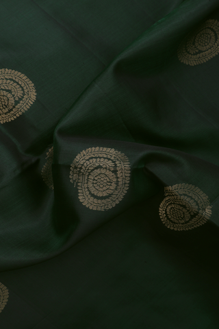 Kora Silk Cotton Saree In Bottle Green With Zari Motifs