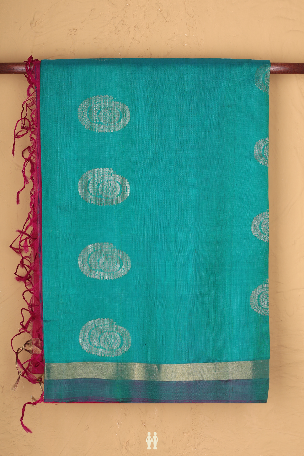 Kora Silk Cotton Saree In Teal Blue With Zari Motifs