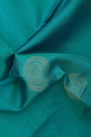 Kora Silk Cotton Saree In Teal Blue With Zari Motifs