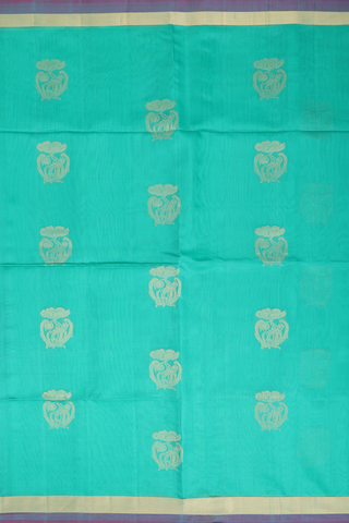 Kora Silk Cotton Saree In Green With Floral Motifs