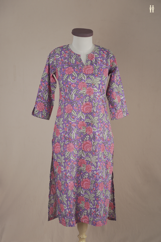 Split Neck Floral Design Purple Jaipur Cotton Long Kurta