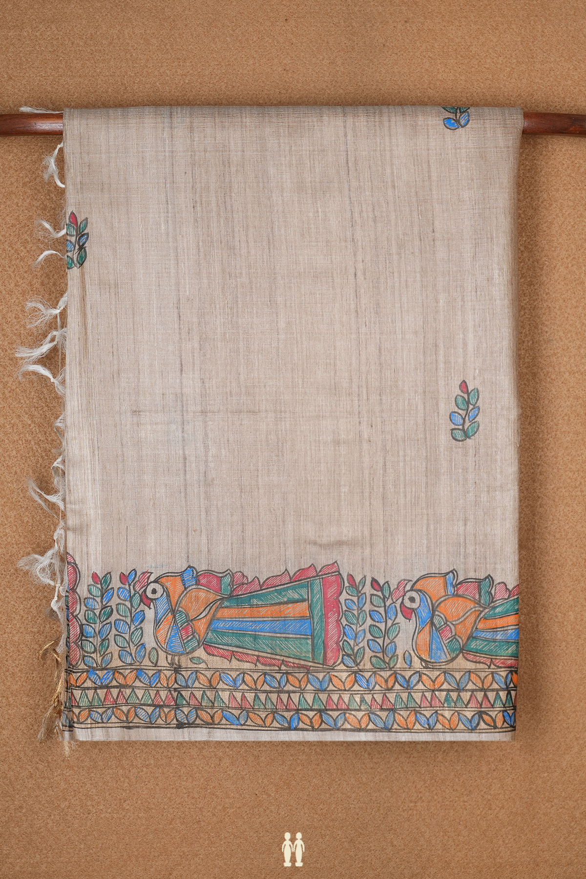 Leaf Buttas Beige Tussar Madhubani Silk Saree