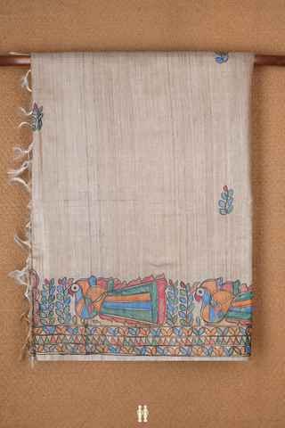 Leaf Buttas Beige Tussar Madhubani Silk Saree