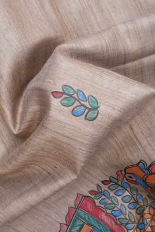 Leaf Buttas Beige Tussar Madhubani Silk Saree