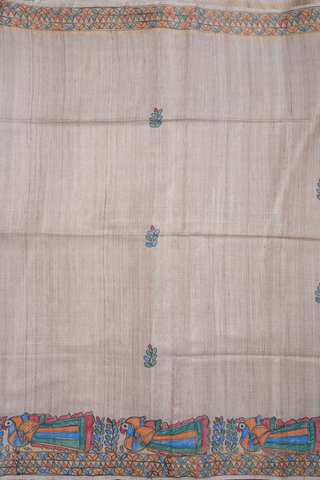 Leaf Buttas Beige Tussar Madhubani Silk Saree