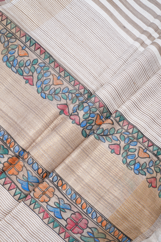 Leaf Buttas Beige Tussar Madhubani Silk Saree