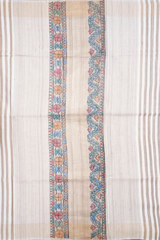 Leaf Buttas Beige Tussar Madhubani Silk Saree