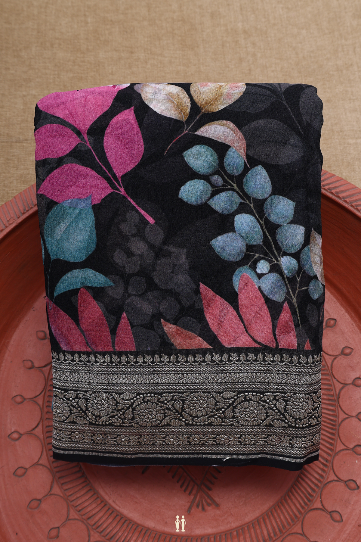 Leaf Digital Printed Black Georgette Saree