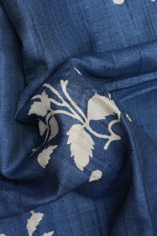 Leaf Printed Design Prussian Blue Tussar Silk Saree