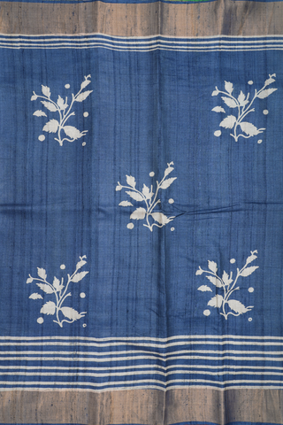 Leaf Printed Design Prussian Blue Tussar Silk Saree