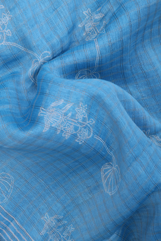 Linen Saree In Blue With Checks Design