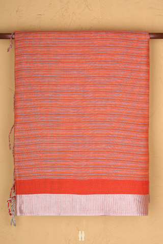 Linen Saree In Orange With Stripes Design