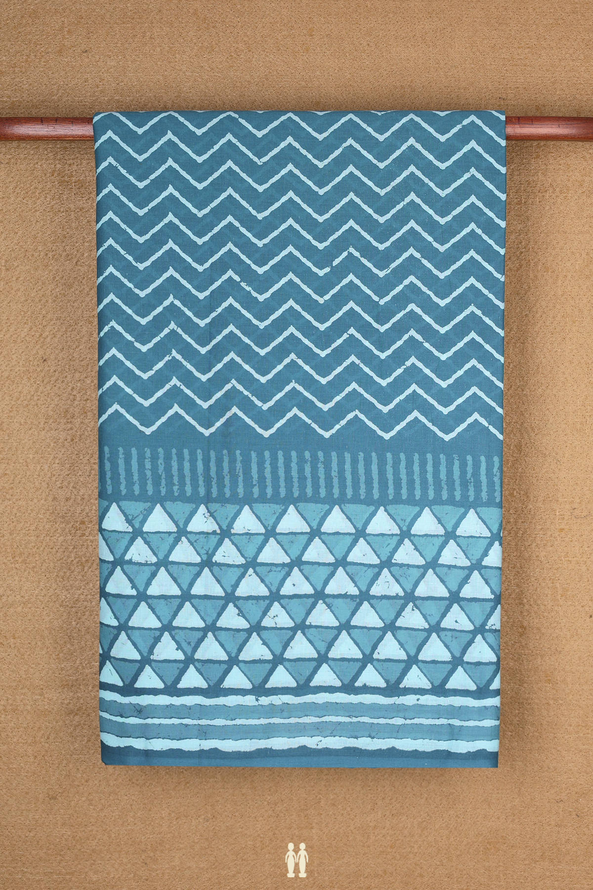 Printed Cotton Saree In Dark Aegean Blue With Chevron Design