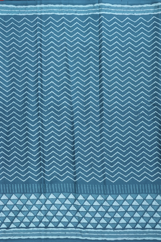 Printed Cotton Saree In Dark Aegean Blue With Chevron Design