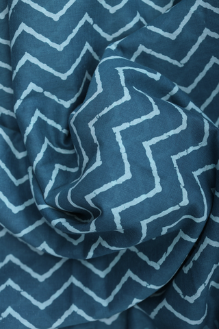 Printed Cotton Saree In Dark Aegean Blue With Chevron Design