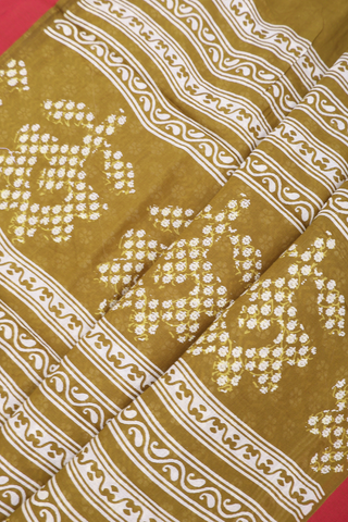 Jaipur Cotton Saree In Olive Brown With Floral Printed Design