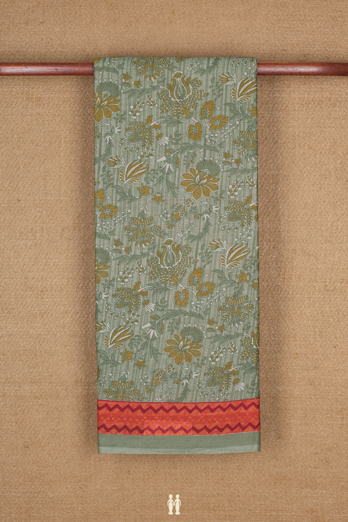 Printed Cotton Saree In Sage Green With Floral Design