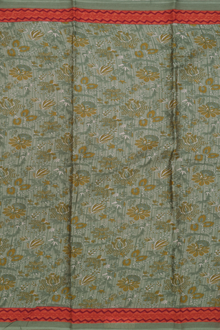 Printed Cotton Saree In Sage Green With Floral Design