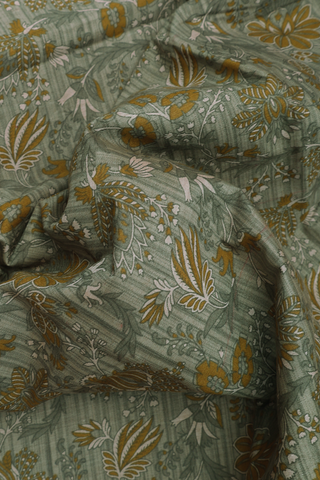 Printed Cotton Saree In Sage Green With Floral Design