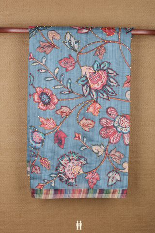 Semi Linen Saree In Aegean Blue With Floral Printed Design