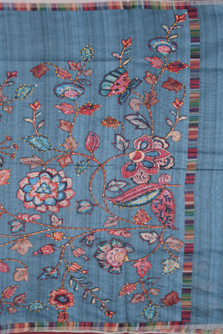 Semi Linen Saree In Aegean Blue With Floral Printed Design