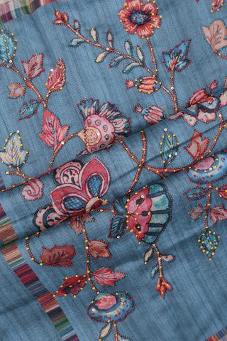 Semi Linen Saree In Aegean Blue With Floral Printed Design