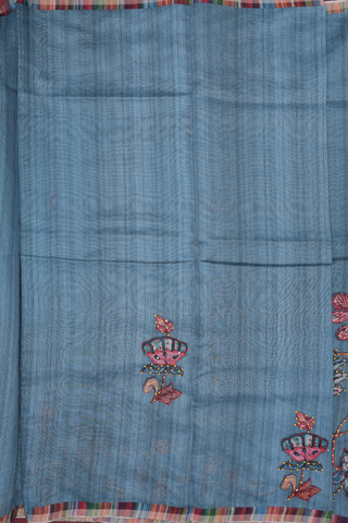 Semi Linen Saree In Aegean Blue With Floral Printed Design