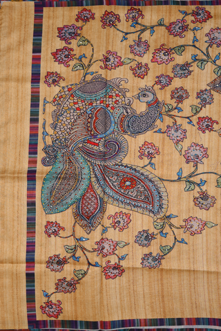 Semi Linen Saree In Pale Orange With Peacock Design