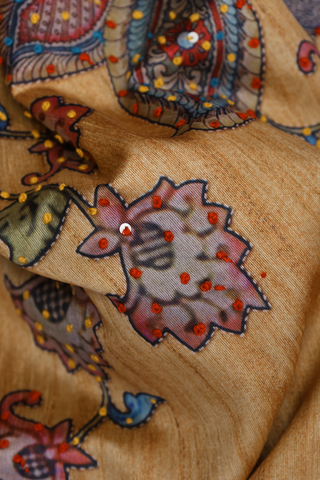 Semi Linen Saree In Pale Orange With Peacock Design