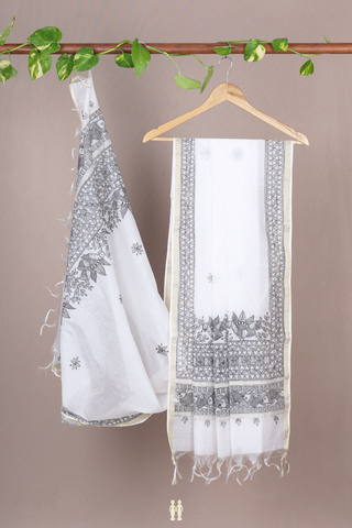 Madhubani Design White Chanderi Cotton Dupatta