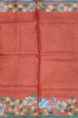 Mirror Threadwork Buttis Burnt Orange Tussar Silk Saree