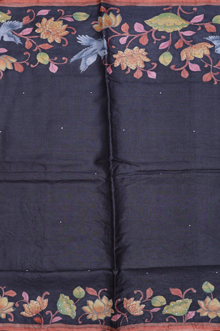 Mirror Threadwork Buttis Charcoal Grey Tussar Silk Saree